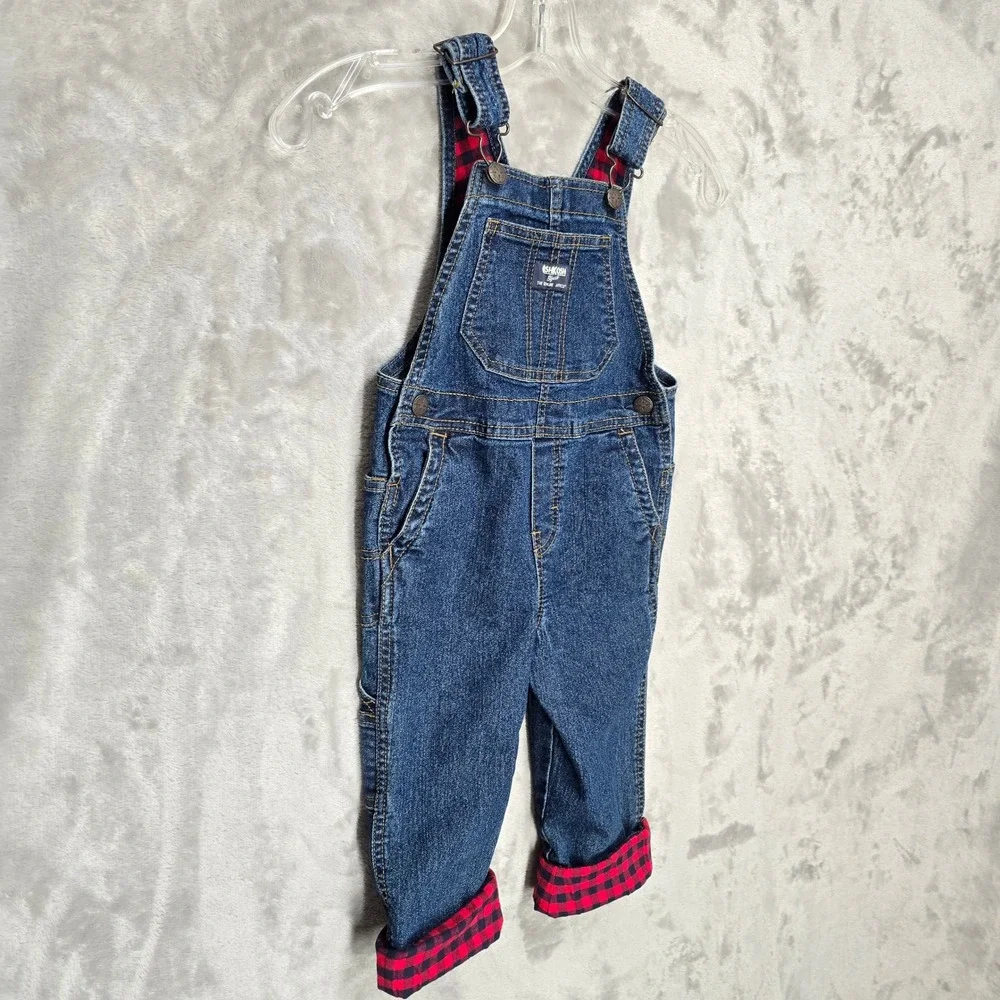 OshKosh B'gosh Overalls Toddler 3T Blue Denim Red Buffalo Plaid Lined Farm